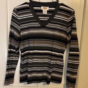 Talbots Black, White & Brown Striped Long Sleeve Top